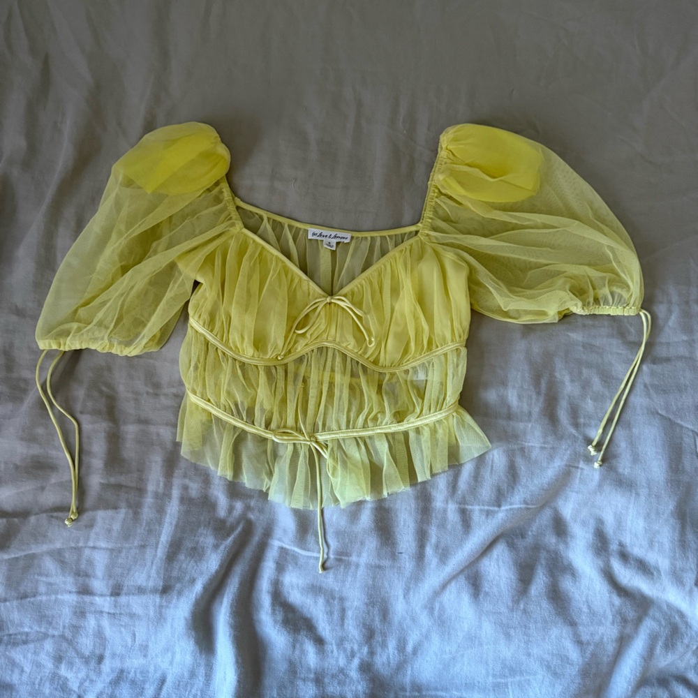 For Love & Lemons Yellow Sheer Puff Sleeve Top